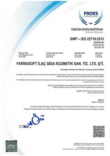 Farmasoft GMP ISO 22716 Kalite Sertifikası Farmasoft